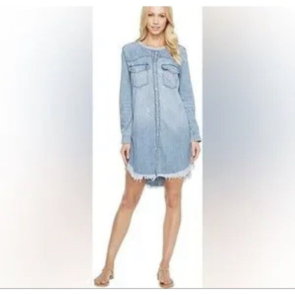 Lucky Brand Denim Dress Small Blue Distressed Pearl Snap Western Cowgirl 1x NWT‌